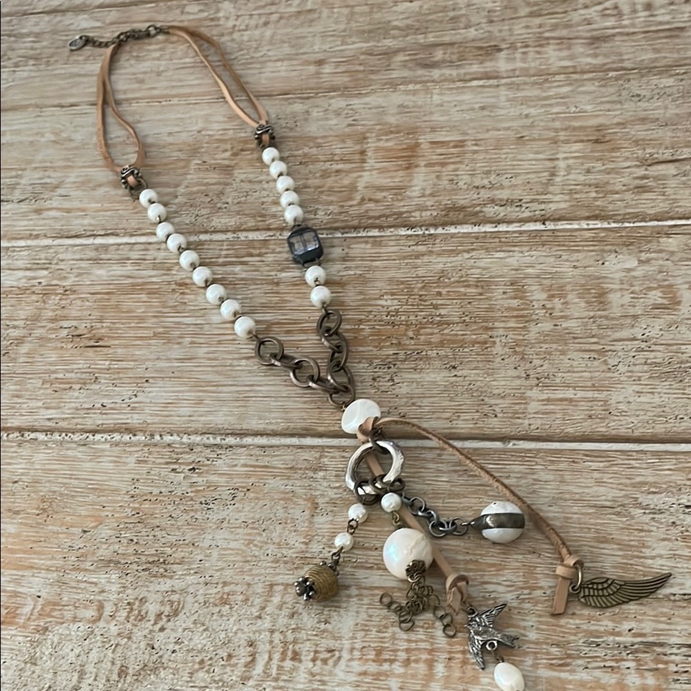 Leather & White Freshwater Pearl Beaded Necklace with Pendants